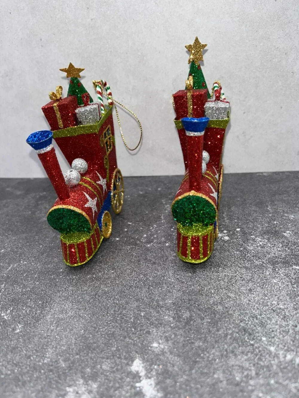 Vintage Pier One Pier 1 Metal Glitter Christmas Train Ornaments Red Green Blue